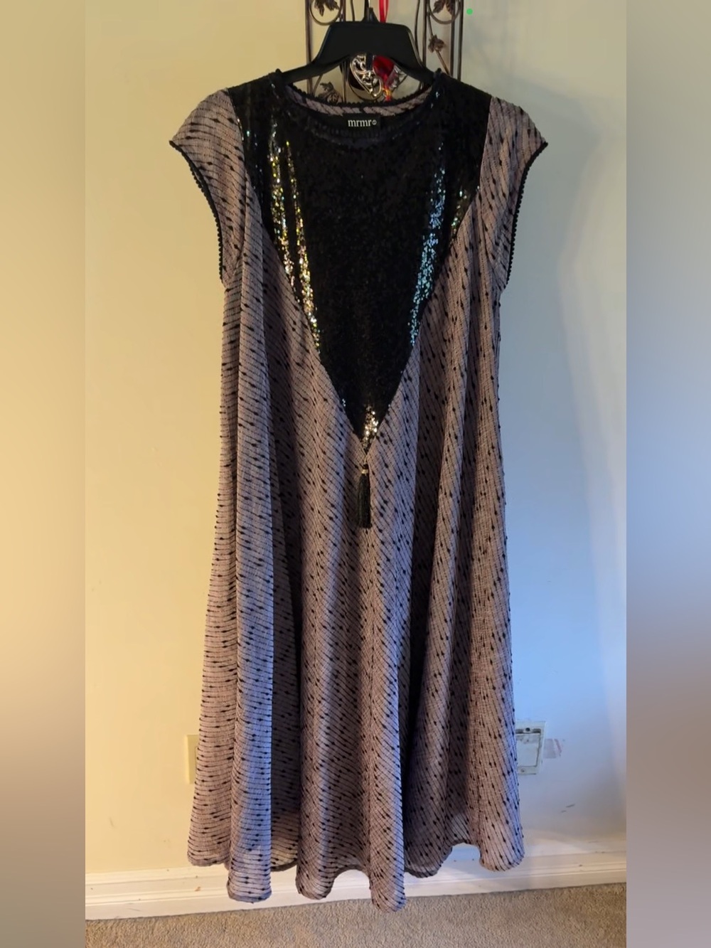 Beaded V-Neck Midi Dress in Lavender and Black